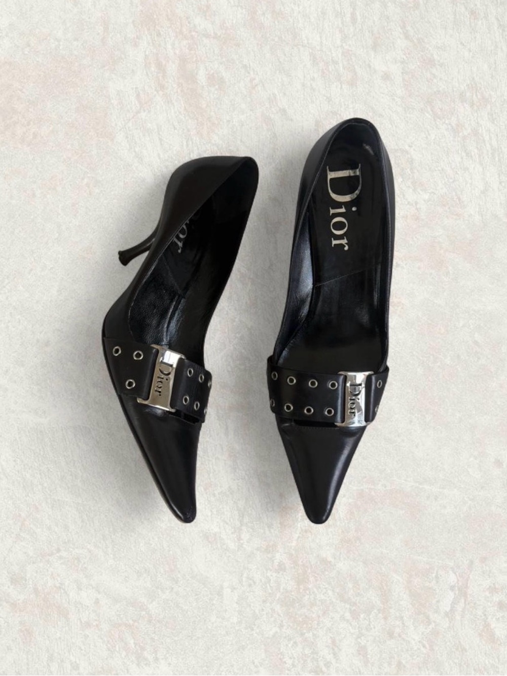 EUC Auth Christian Dior Galliano Black Leather Logo Grommet Buckle Pointed Heels
